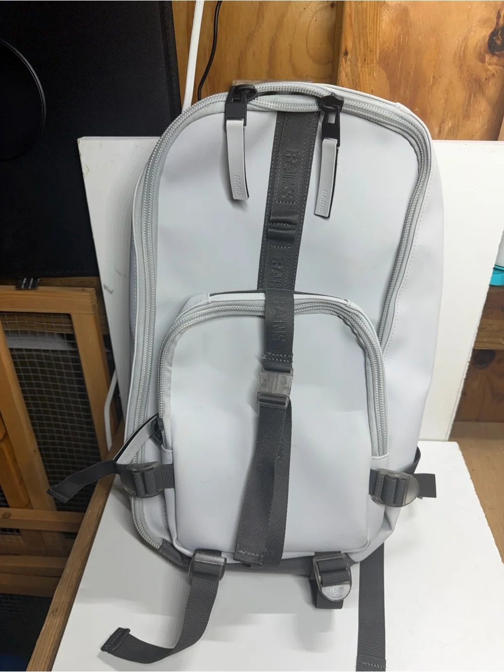 RAINS Waterproof Backpack Light Gray Removable Front Pouch Laptop Bag